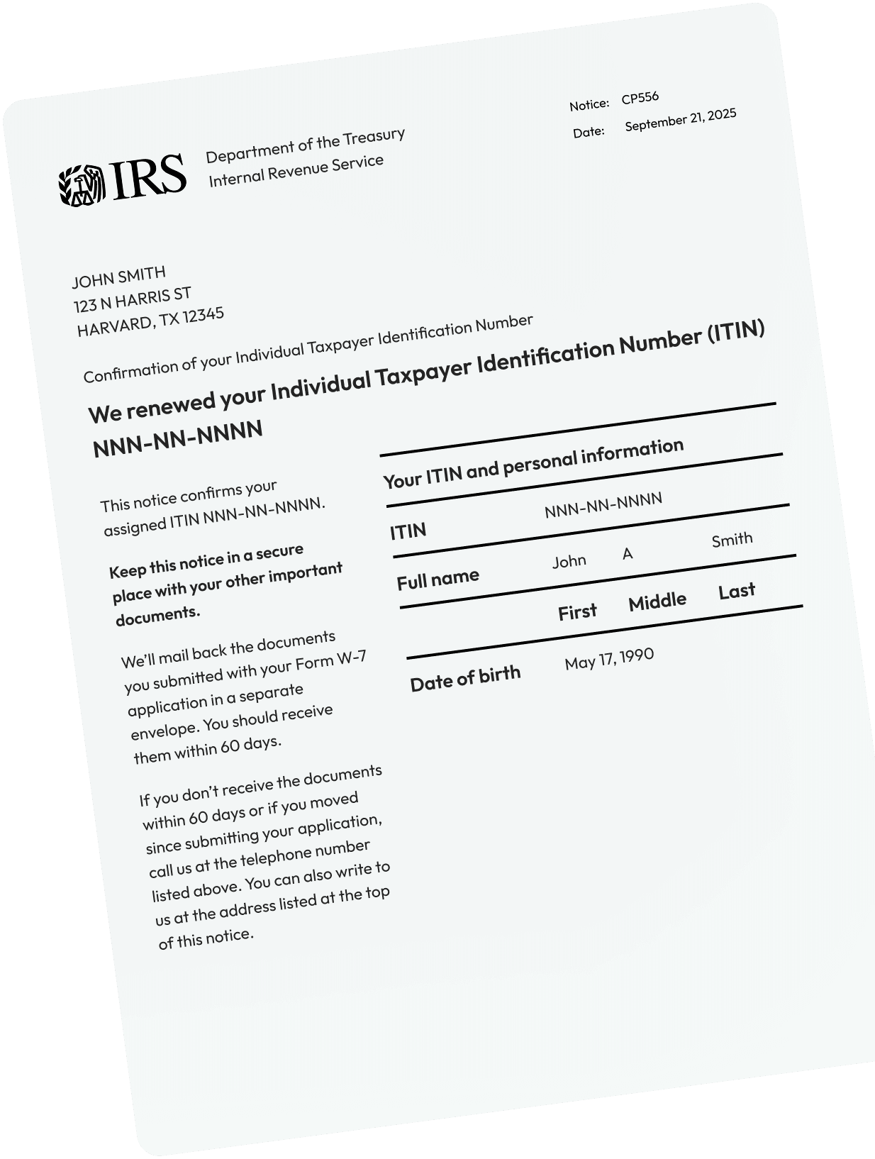 Sample IRS CP-565 notice confirming an Individual Taxpayer Identification Number (ITIN) issued by the Internal Revenue Service